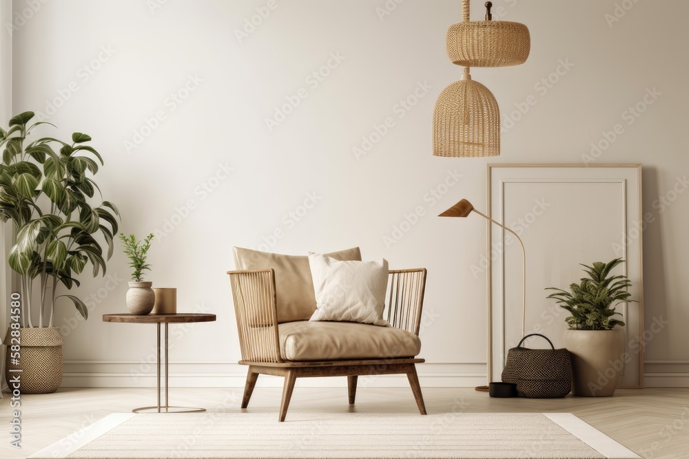 Living room interior wall mockup with a coffee table, brass floor lamp, green plants in pots, and a 