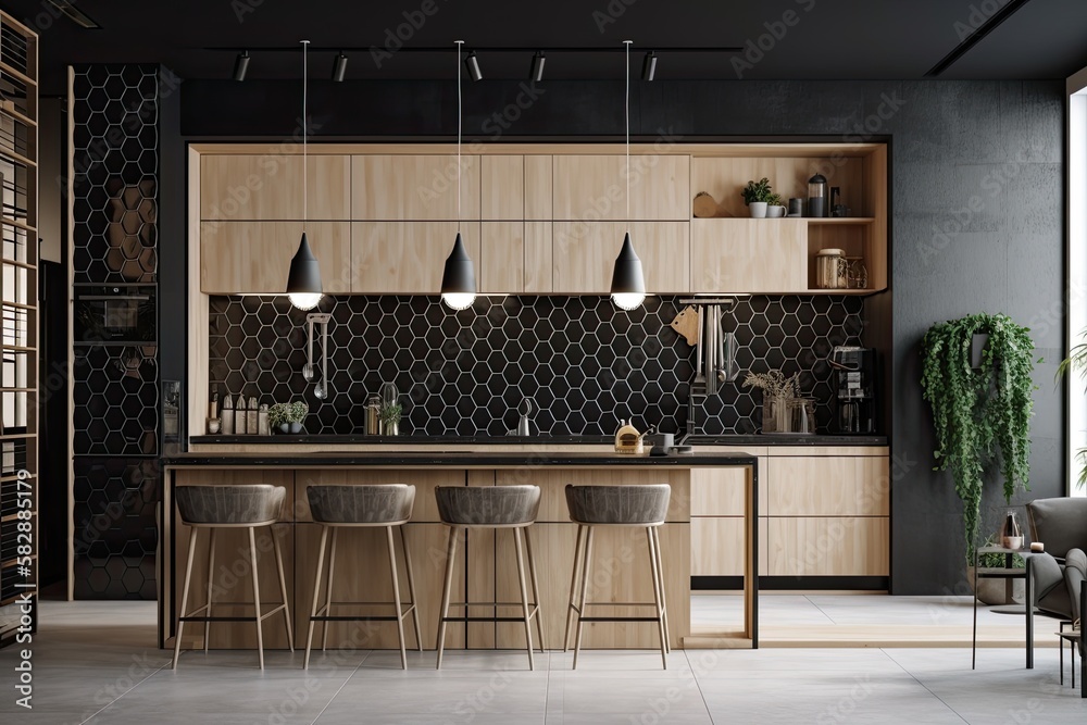 Interior of a black kitchen with white cabinets, a bar with stools, a concrete floor, and a mosaic w