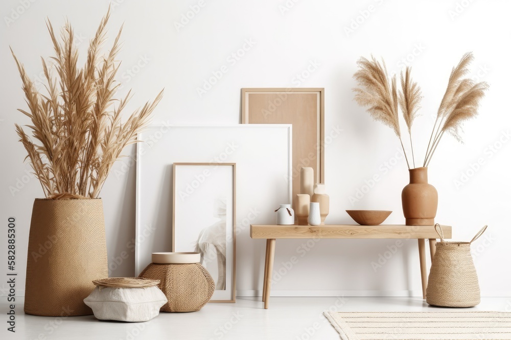 blank wall mock up in a Scandinavian Boho styled interior setting. Generative AI