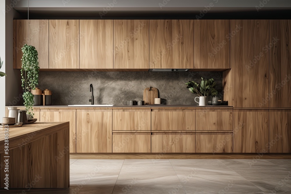 Gray kitchen counter in a chic room with wooden cabinets and gray walls. Image of a comfortable home