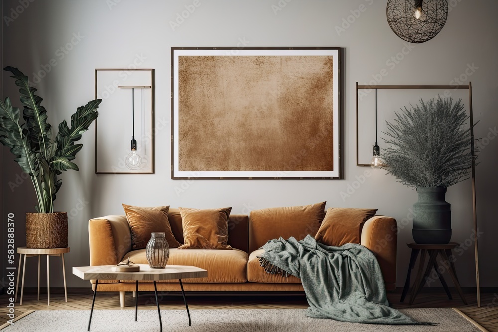 ,, Interior of a mock up poster frame in a living room, Beautiful and cozy modern furniture serves a