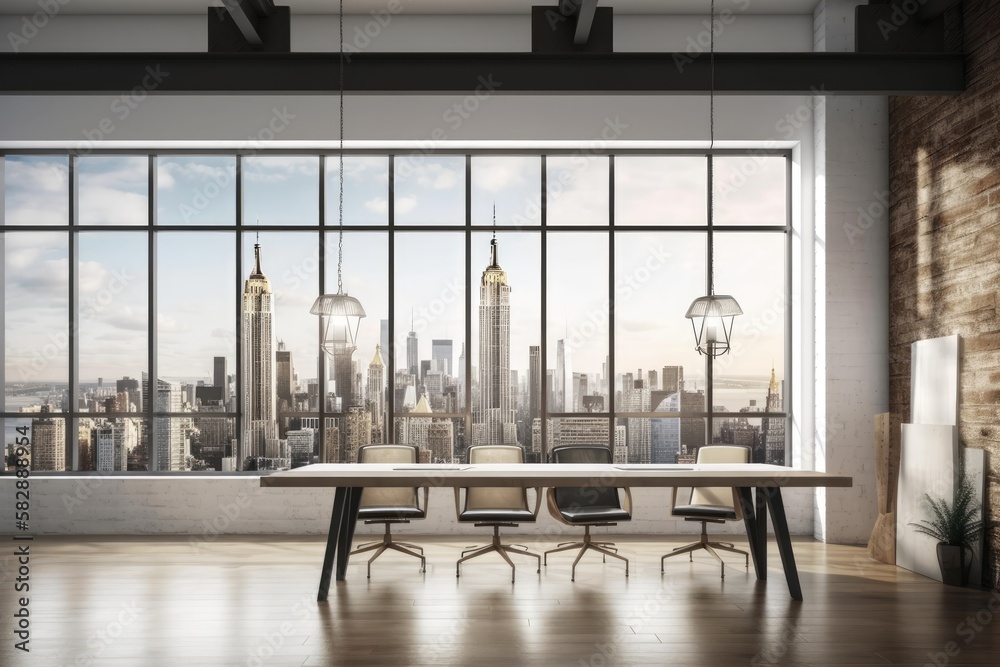 A vacant office, a wooden wall with a white poster, and a panoramic window with a view of New York. 