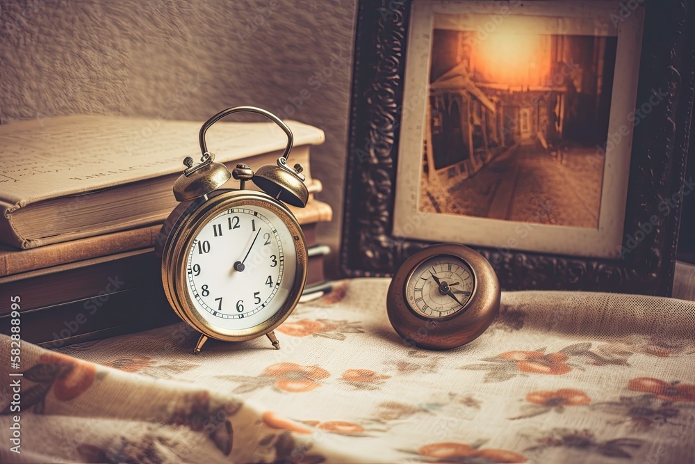 Retro alarm clock and coin on a tablecloth with a blank photo frame in the background, vintage tone 