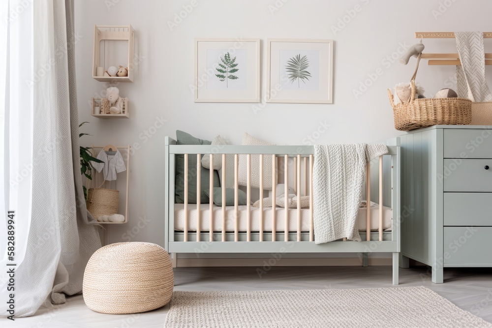 A copy space is located on a blank white wall adjacent to a white wooden crib with pillows and a woo