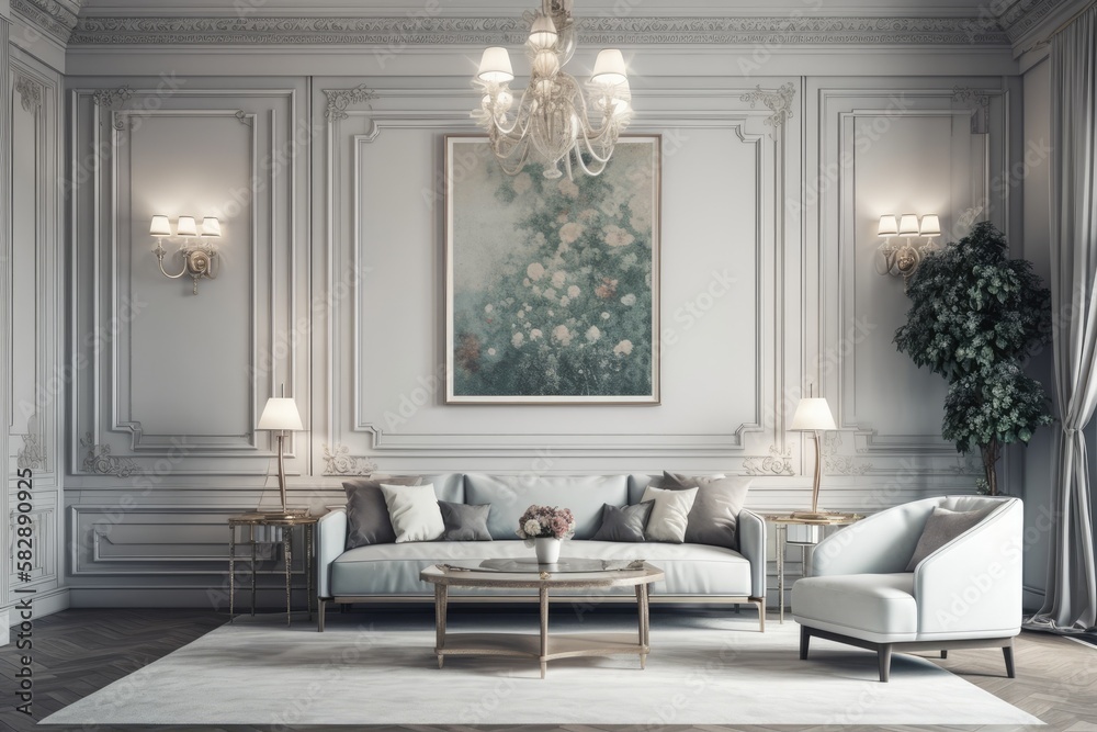 Neoclassical living room interior illustration. a top view. Generative AI