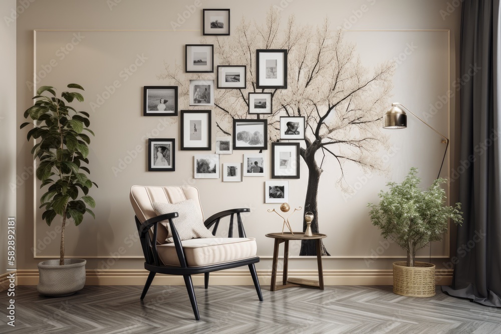 A comfortable rooms interior features a family tree photo frame and a chair. Generative AI