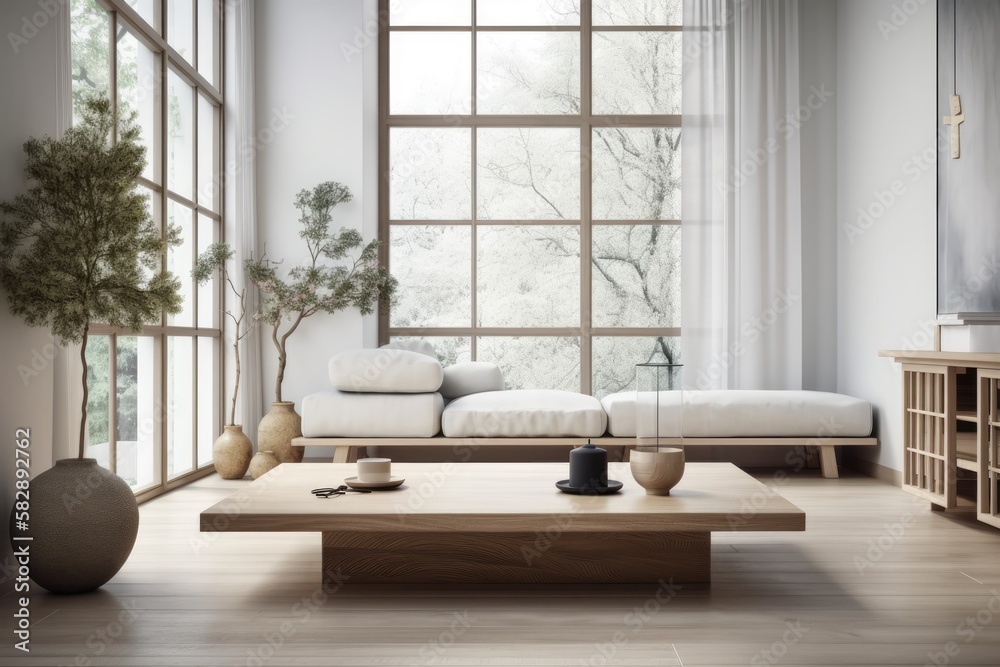 Zen like atmosphere over modern living room with huge sofa and large windows, light and decorations,