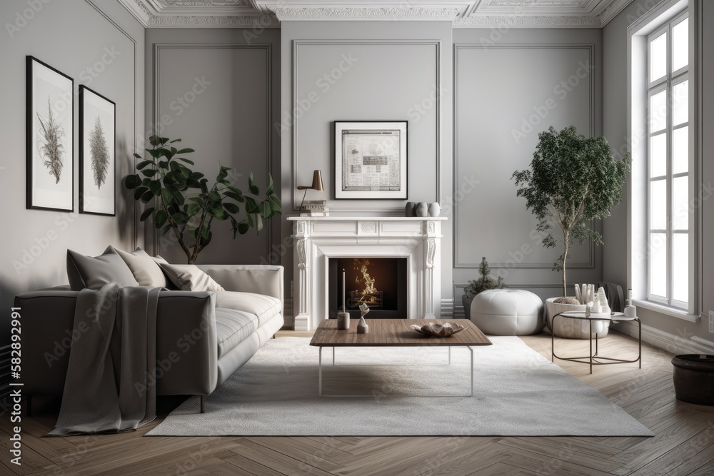 Classic gray Scandinavian decor with a couch, stove, and fireplace. mock up for an illustration. Gen