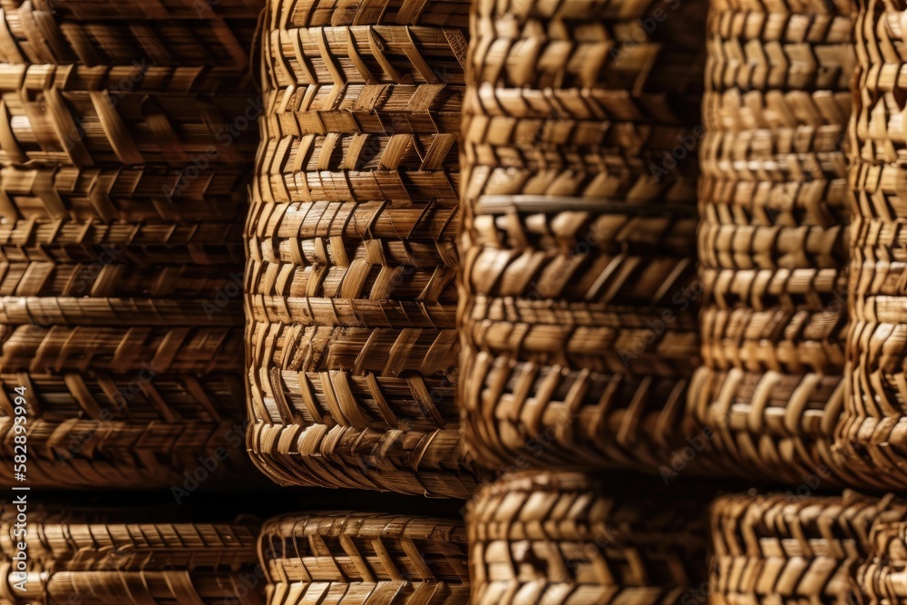 Detailed shot of a tube shaped rattan plait pattern. Generative AI