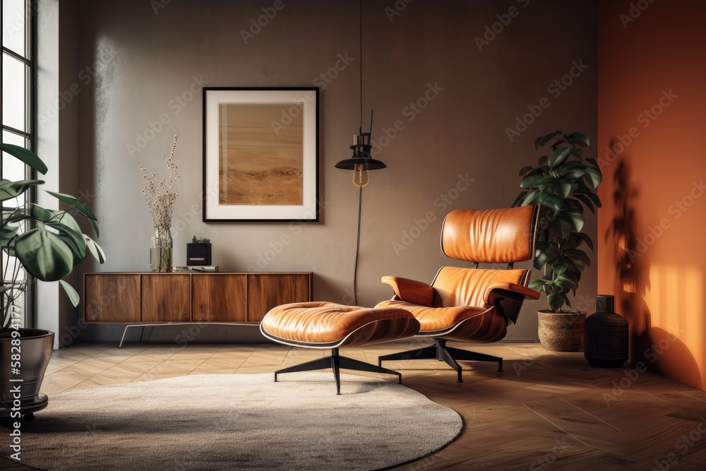 Interior of contemporary living room with a wooden floor and a beige concrete wall. Wall space for c