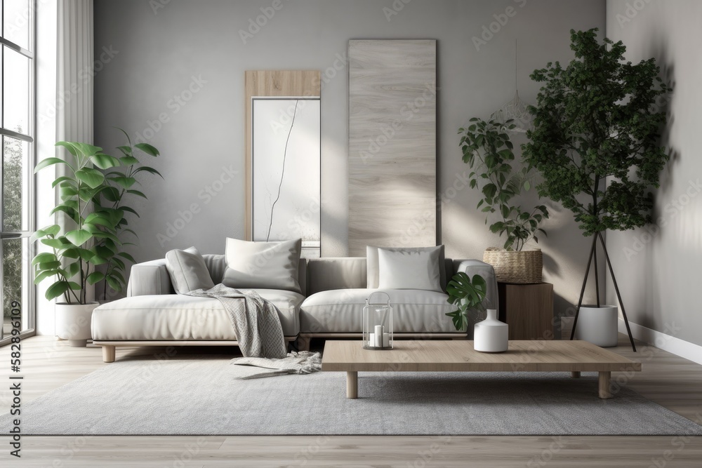 Interior design, wall mockup of a living room with a gray sofa and a decorative plant. Generative AI