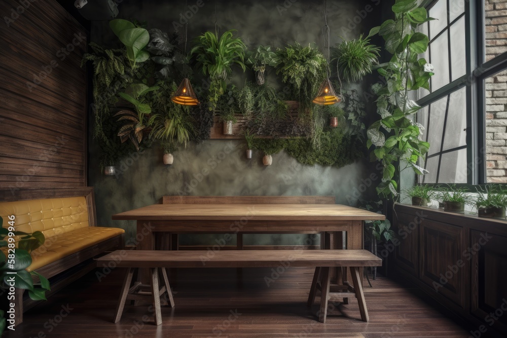 A wall of an interior with an ecology style features an empty wood table with artificial plants as a