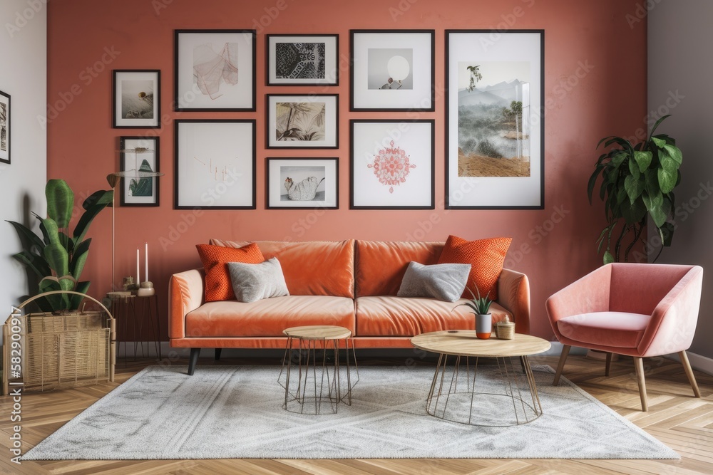 A living room with a creative interior arrangement includes a created couch, two imitation poster fr