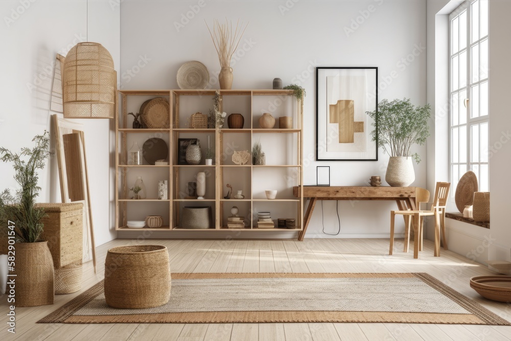 A spacious, light filled modern room with two sizable windows, carpeting, and bookshelves with vases