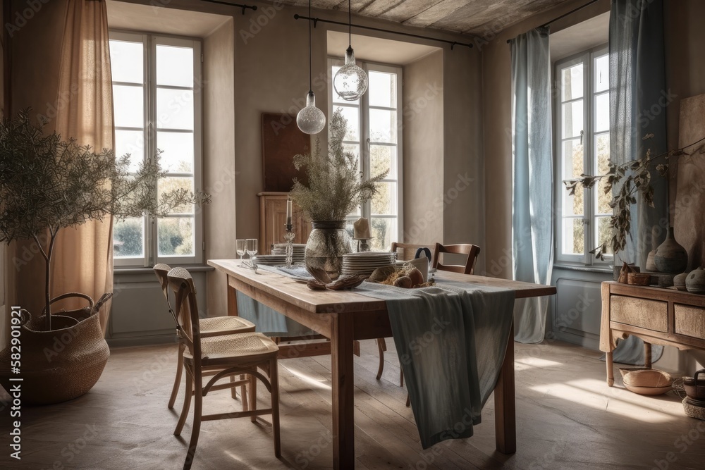 Dining area at a farmhouse with a wooden table and beige and blue toned chairs. Plaster walls, a boh