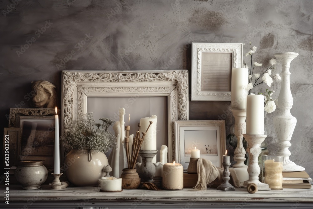 Vases and frames decorate the white vintage old décor. Generative AI