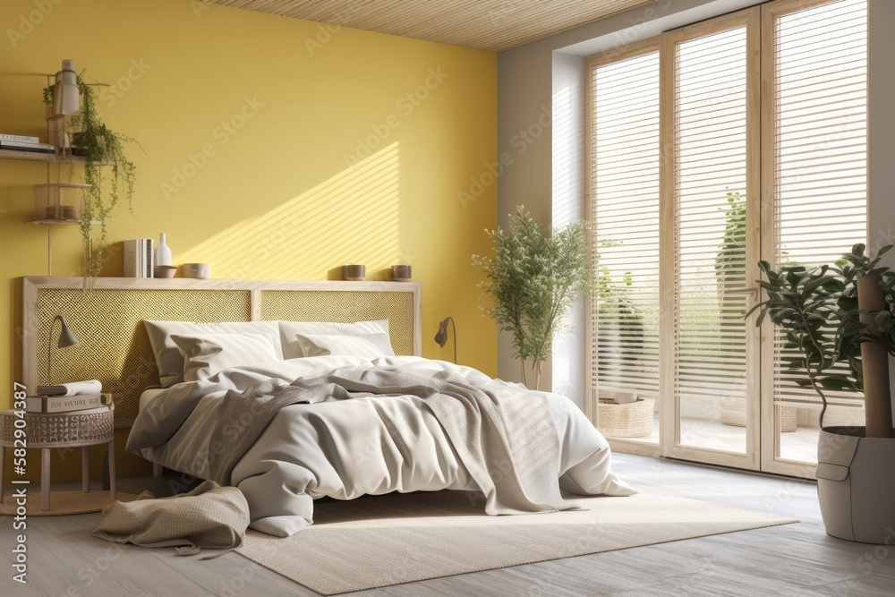 White bedding, a built in white wooden wardrobe, yellow painted walls with window coverings, and a w