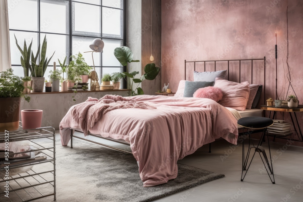 industrial chic bedroom with a pink king size bed and contemporary accents. Generative AI