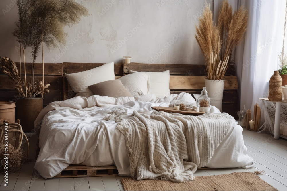 Potted straws over a country rustic bedroom with a DIY pallet bed covered in a white, soft duvet and