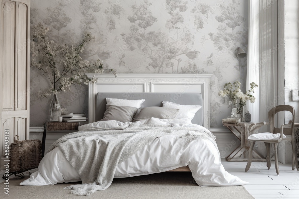 Mock up of a farmhouse bedrooms interior decor in white and gray tones. Furniture made of wood and 