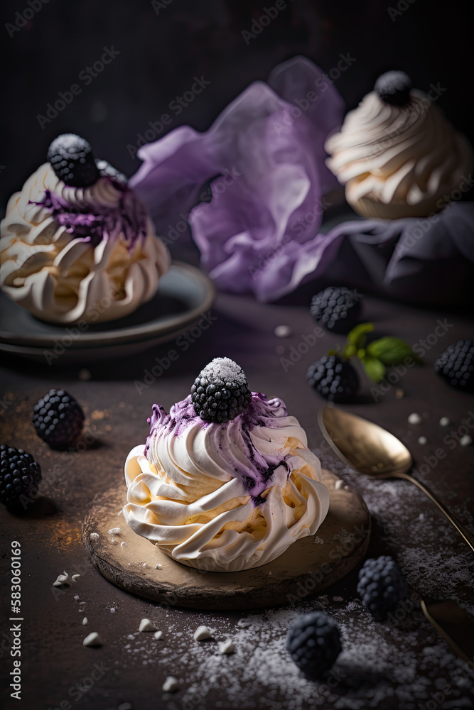 Blackberry and Creme Fraiche Meringue Nests documentary. Illustration AI Generative