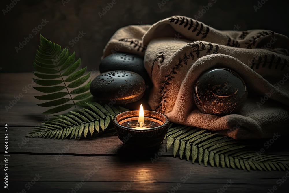 A fern towel with candles and black hot stone on a wooden. Illustration AI Generative