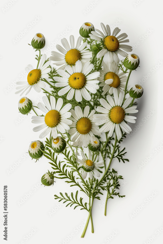 Bunch of chamomile flowers over blue background. Illustration AI Generative