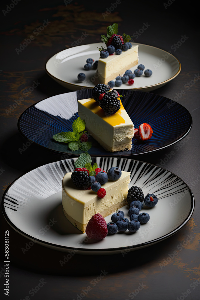 Cheesecake slices and berries on serving plates. Illustration AI Generative