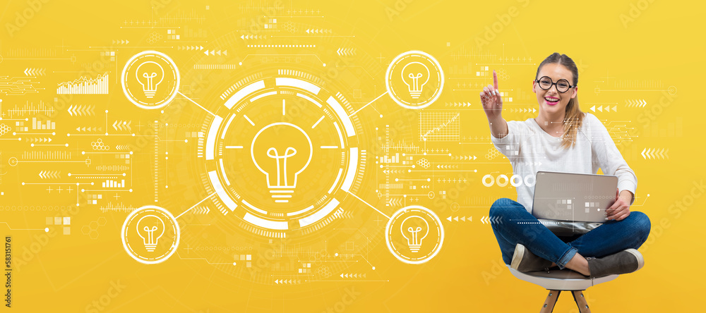 Idea light bulb theme with young woman holding her laptop