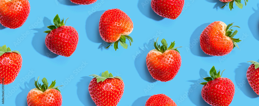 Fresh red strawberries overhead view - flat lay