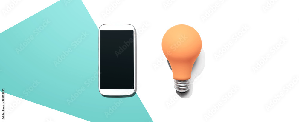 Smartphone with a yellow light bulb from above