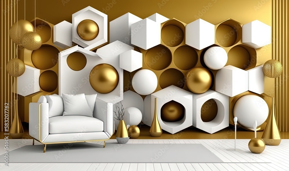  a living room with gold and white decorations and a white chair in front of a wall of hexagonal sha