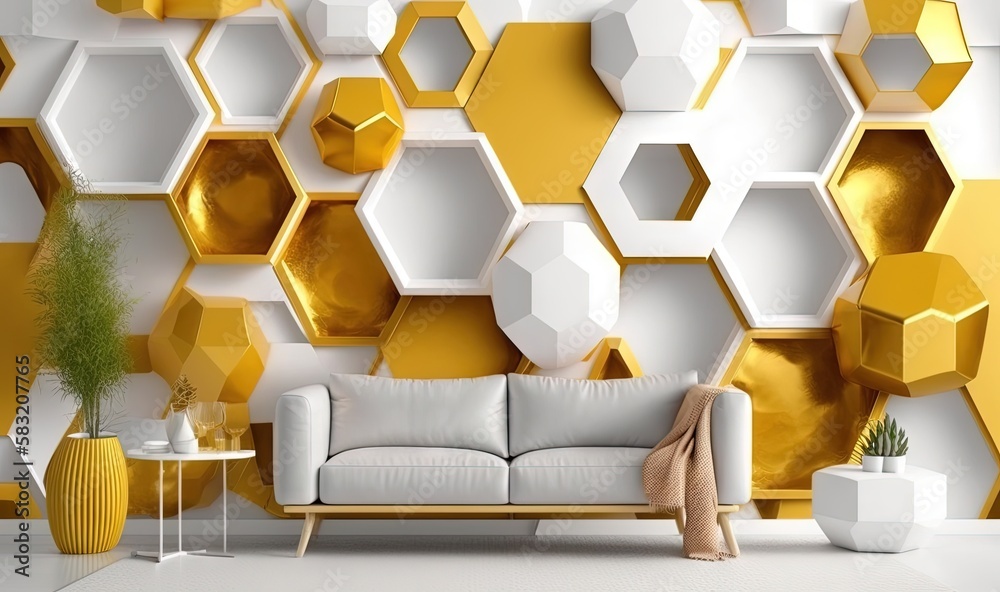  a living room with a white couch and yellow and white hexagonal wallpaper on the wall and a white t