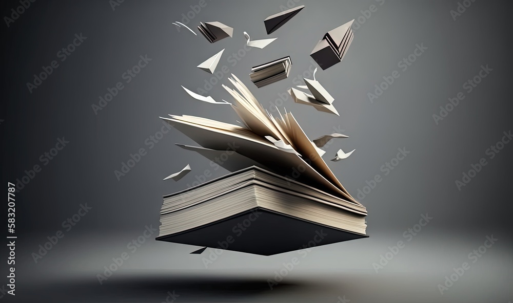  an open book flying through the air with books flying out of its book ends and pages flying out of