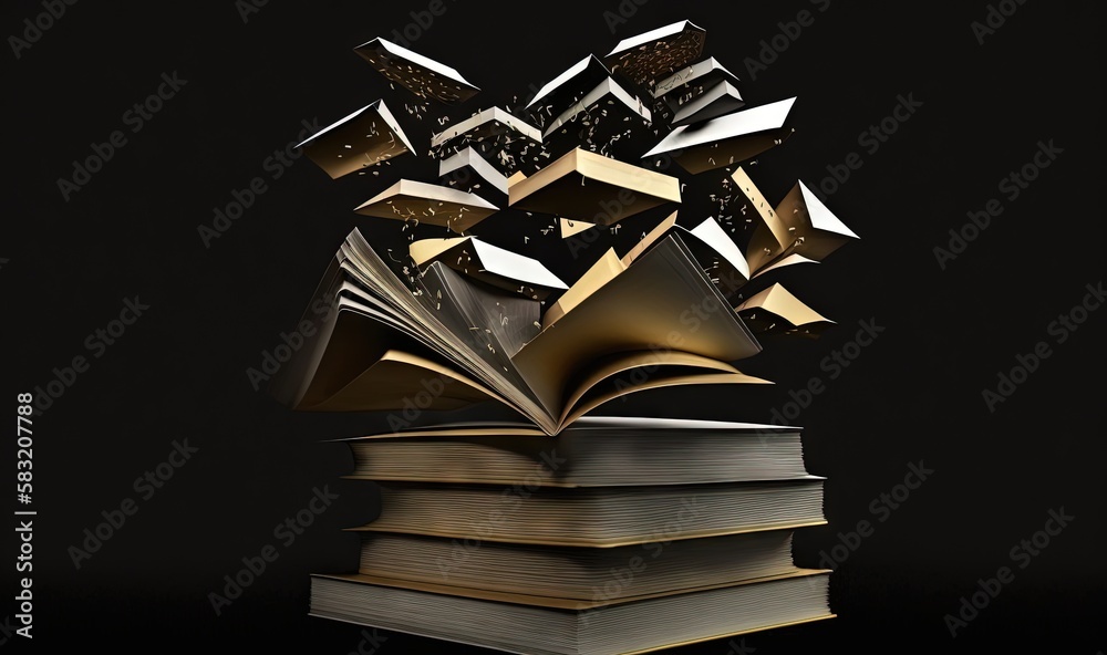  a stack of books with an open book on top of it and a star in the middle of the book, with a black 