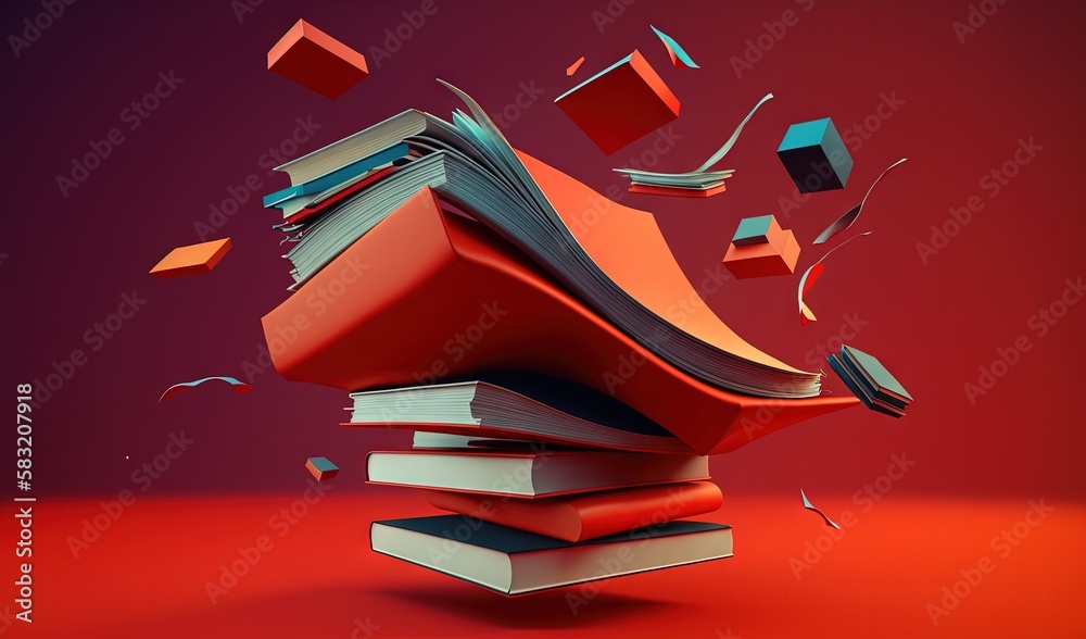  a stack of books flying through the air with books falling off of its sides and books falling off 