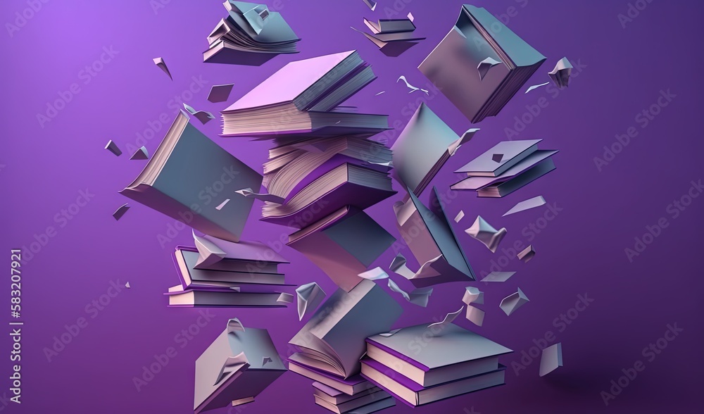  a pile of books flying through the air with a purple background and a purple background with a purp