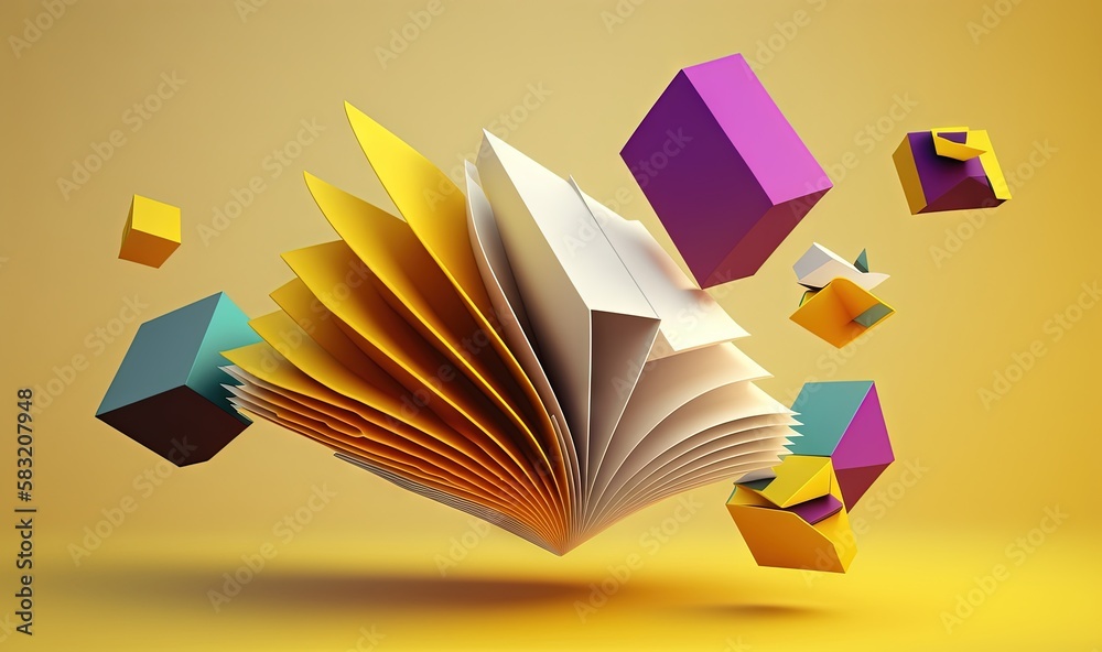  an open book with many cubes floating around it on a yellow background with a yellow background and