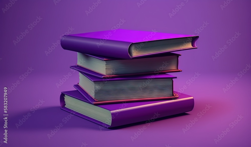  a stack of books sitting on top of each other on a purple background with a purple background behin