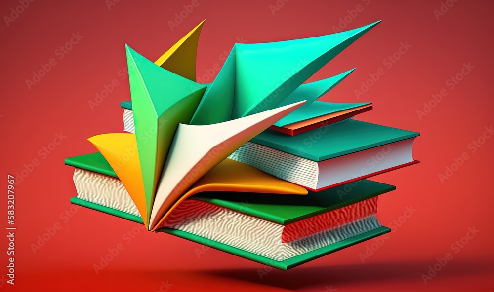  a stack of books with an origami bird on top of them, on a red background, with a red background an