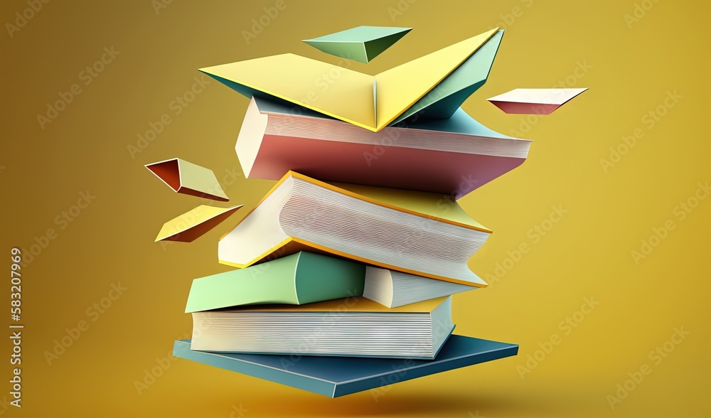  a stack of books flying up into the air with a yellow background behind it and a yellow background 