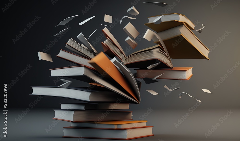  a stack of books flying through the air with books falling off of its sides and books flying in th