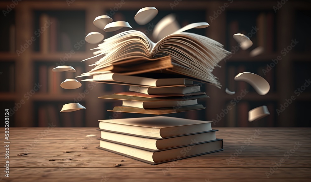  a stack of books with flying pages on a table in front of a bookshelf with bookshelves in the backg