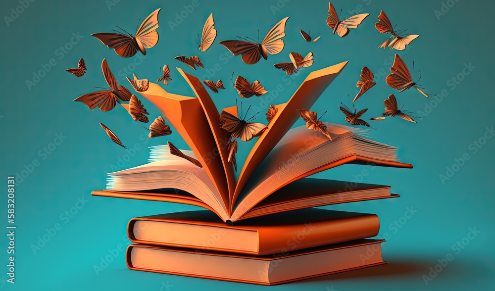  an open book with butterflies flying out of it on a blue background with a blue background and a bl