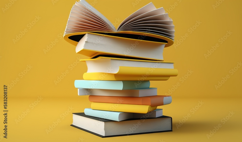  a stack of books sitting on top of each other on top of a yellow tablecloth covered floor next to a