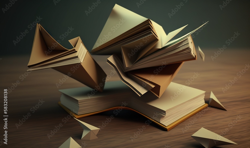  a pile of books sitting on top of a wooden table next to a pile of paper planes on top of each othe