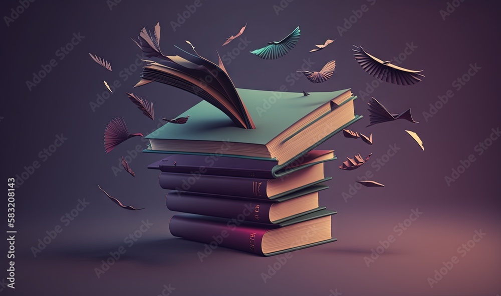  a stack of books with flying birds coming out of them on a purple background with a black backgroun