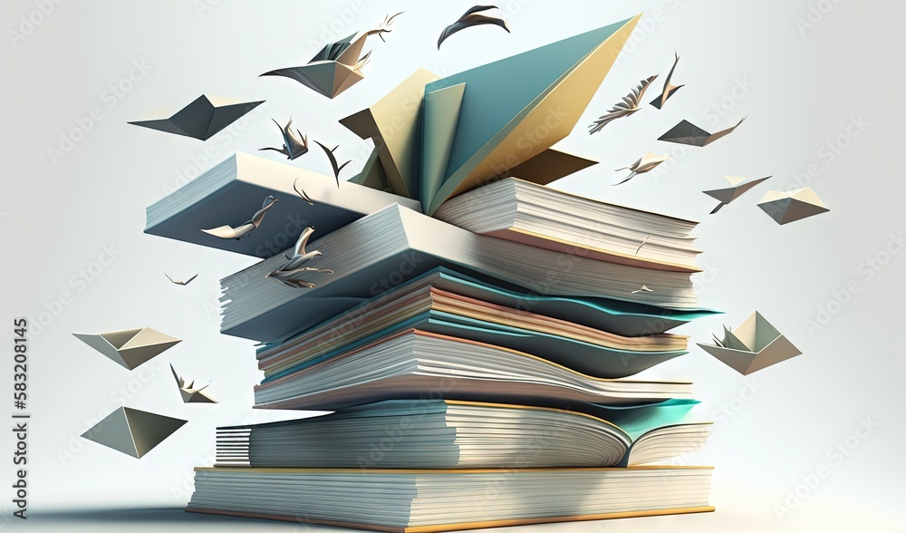  a stack of books with origami flying out of it and a bird on top of it, with a sky background and a