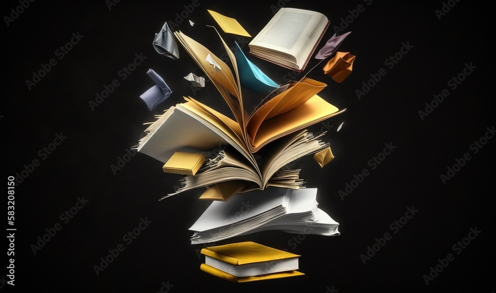  a stack of books flying through the air with a black background and a black background with a black