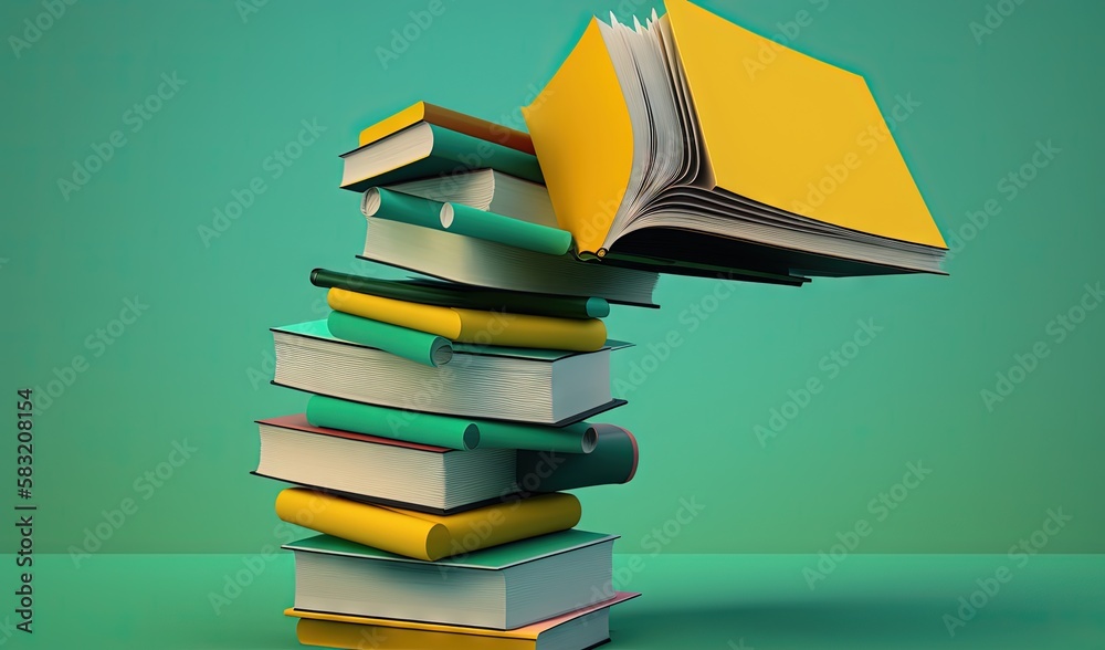  a stack of books with a yellow book on top of it, on a green and blue background, with a green back